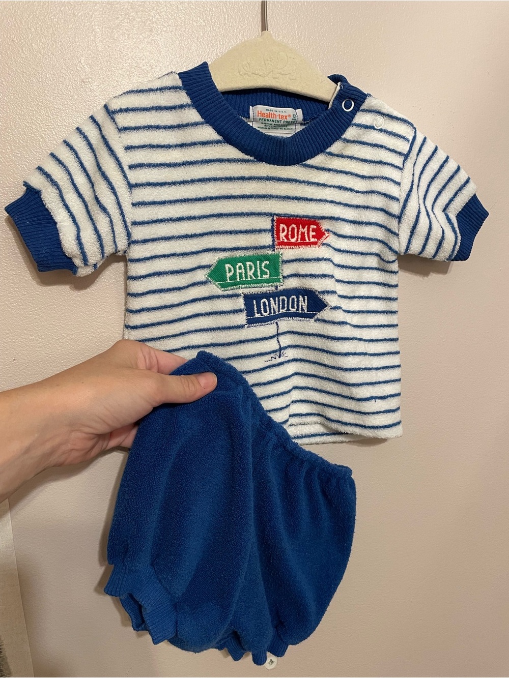 VINTAGE (HTF!) healthtex Blue & White Striped Kids Set with Travel Sign Appliqué